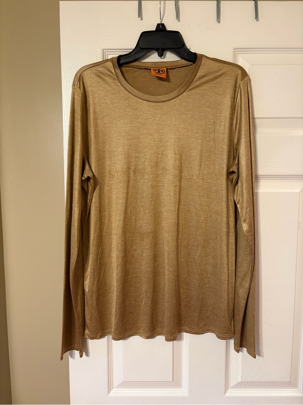 Tory Burch Gold Metallic Top Long Sleeve Crew Neck Shimmer Stretch Designer